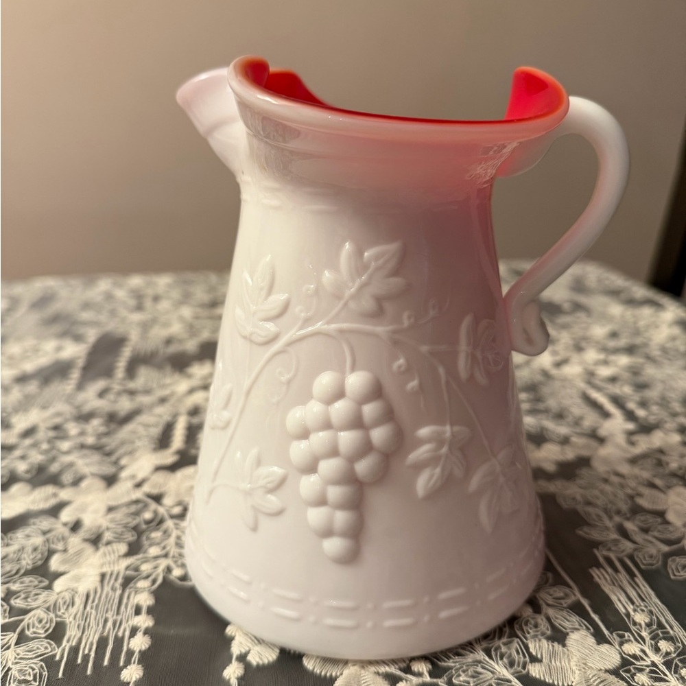 Milk Glass White and Red Embossed Pitcher